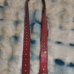 Source Unknown Red Studded Women’s Belt with Rhinestone Buckle